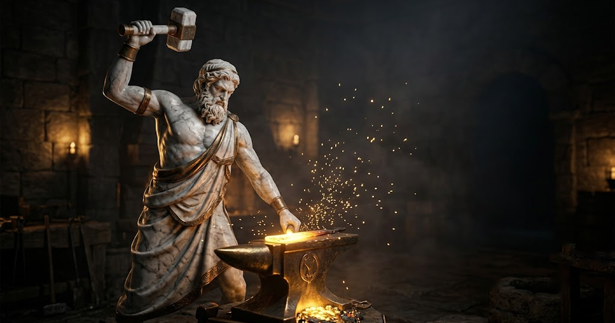 Hephaestus at a darkened forge carved entirely from marble and aged bronze, hammer raised, a single anvil catching molten gold light from below, sparks rendered as gold motes rising into black, deep volumetric haze, wide cinematic frame.