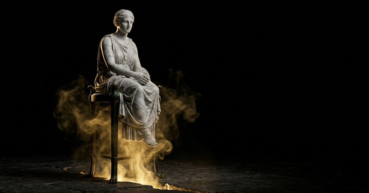 The Delphic Oracle as a serene marble figure seated on a tripod above a thin fissure of gold light rising from the dark stone floor, vapour rendered as luminous gold haze, the surrounding sanctuary swallowed in void black, shallow depth of field, clear dark space upper right.