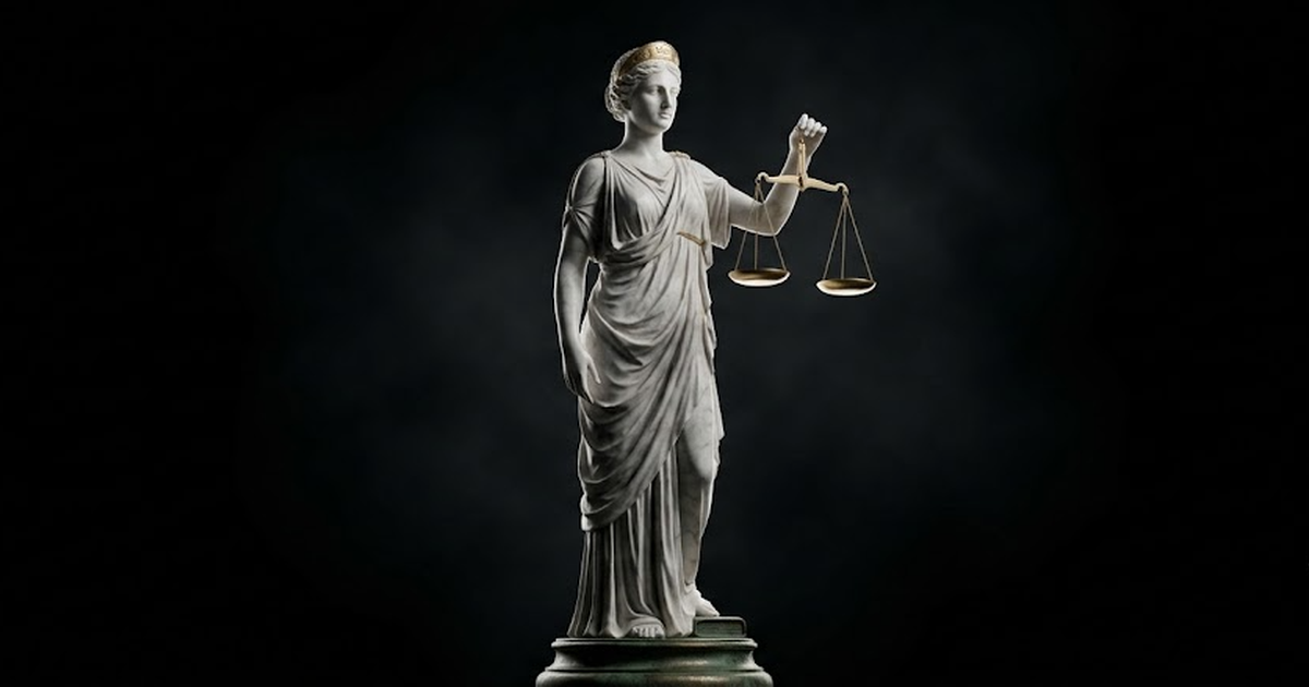 A single carved white marble statue of Themis, goddess of law, holding perfectly level balanced scales, satin gold #D4AF37 highlights on the scale pans and her diadem, full void black #050505 backgrou