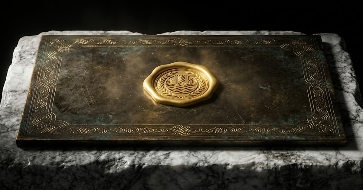A sealed bronze tablet resting on a marble plinth, a single satin gold #D4AF37 wax seal pressed at its centre, fine engraved border lines catching gold light, pure void black #050505 background, aged 