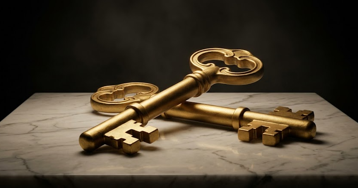 Two heavy gold keys crossed over a polished marble surface, satin gold #D4AF37 catching a low warm light, deep void black #050505 background, faint marble veining beneath, intimate close composition, 