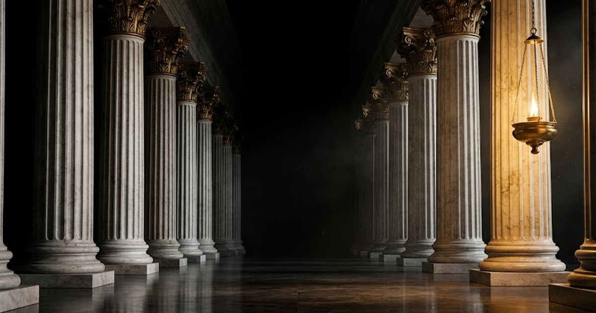 A grand marble colonnade receding into darkness, fluted white-to-grey marble columns lit by a single oil lamp casting satin gold #D4AF37 light, aged bronze capitals, pure void black #050505 background
