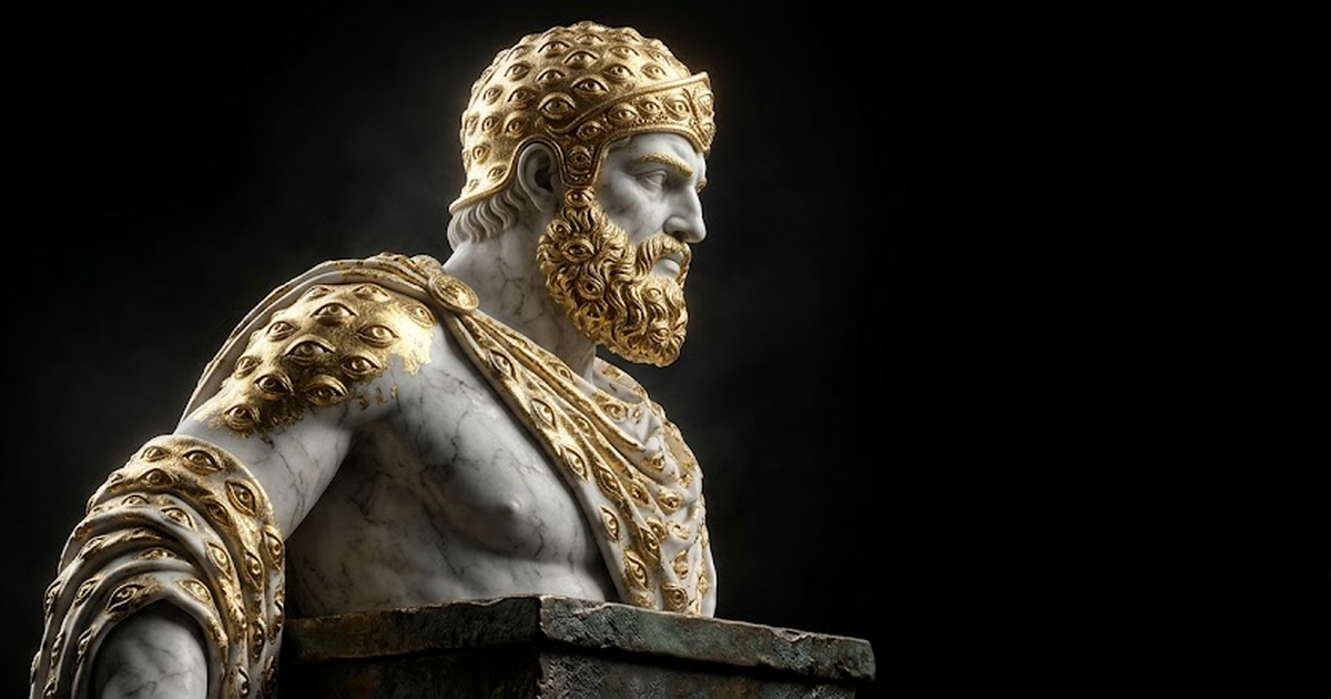 A gilded marble statue of Argus, the all-seeing watcher, head turned in vigilant profile, satin gold #D4AF37 leaf across the brow and shoulders, white marble flesh, aged bronze plinth, full void black