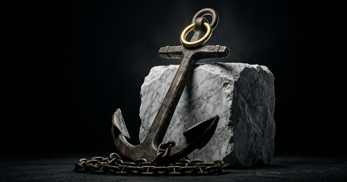 A heavy bronze anchor resting upright against a marble block, chain links of aged bronze coiled at its base, a single satin gold #D4AF37 ring at the crown, pure void black #050505 background, weighty 