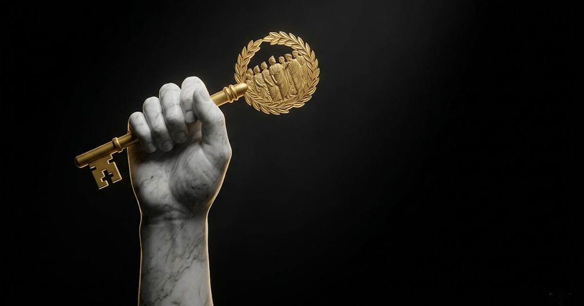A marble hand rising from darkness holding a single ornate golden key whose bow forms the shape of a seated assembly, lit in satin gold against a void-black ground.