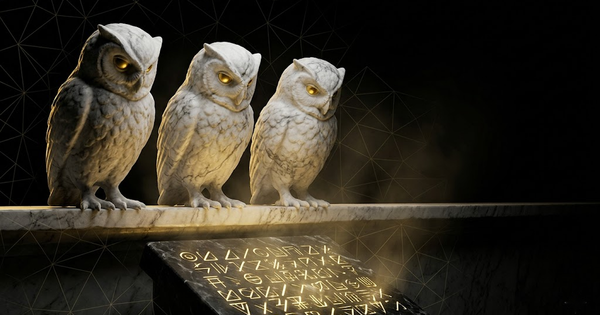 Three marble owls of Athena in a row, each with a glowing golden eye, looking down at a sealed tablet, set against a void-black ground with faint gold lattice patterns.