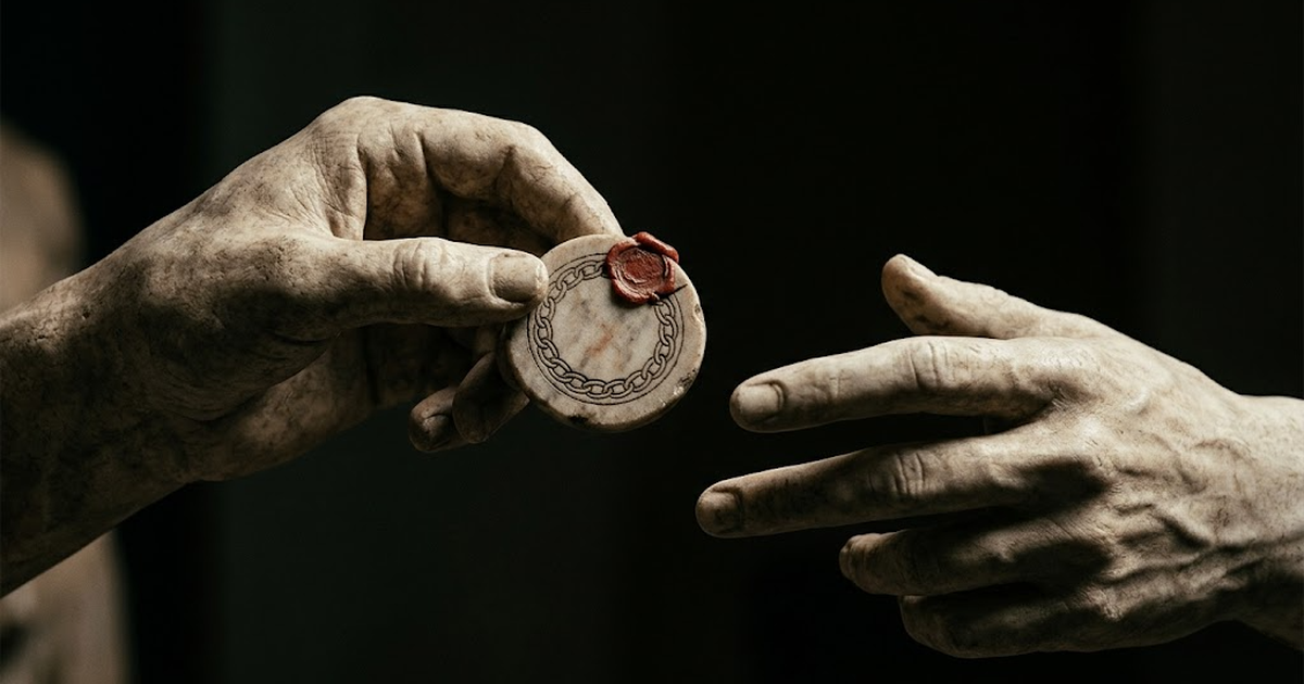 Classical marble hands cradling a single sealed engraved disc, lit by a thin gold rim light against pure black.