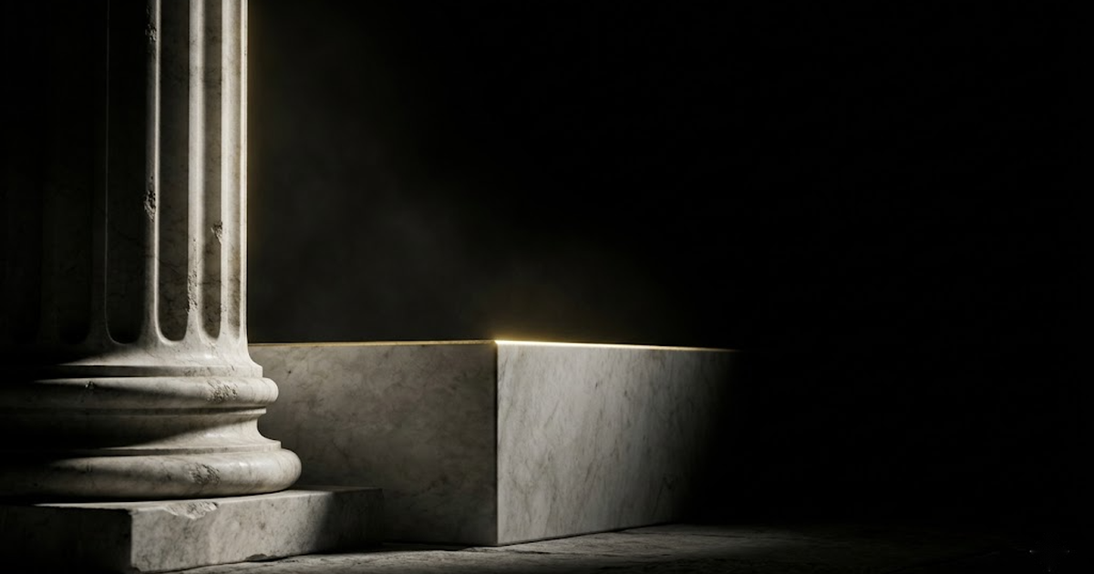 A blank classical marble plinth and fluted column corner edged in gold light, surrounded by deep black negative space.