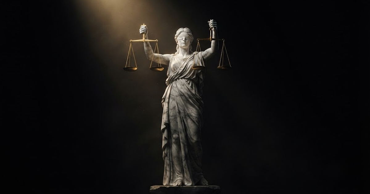 A colossal marble statue of Themis holding balanced scales, standing in near darkness lit by gold light.