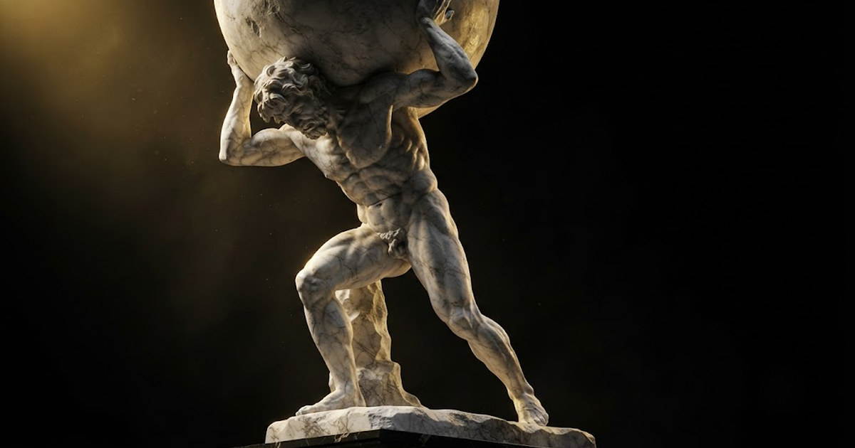 A colossal marble statue of Atlas straining to hold a great weight above his shoulders in gold-lit darkness.