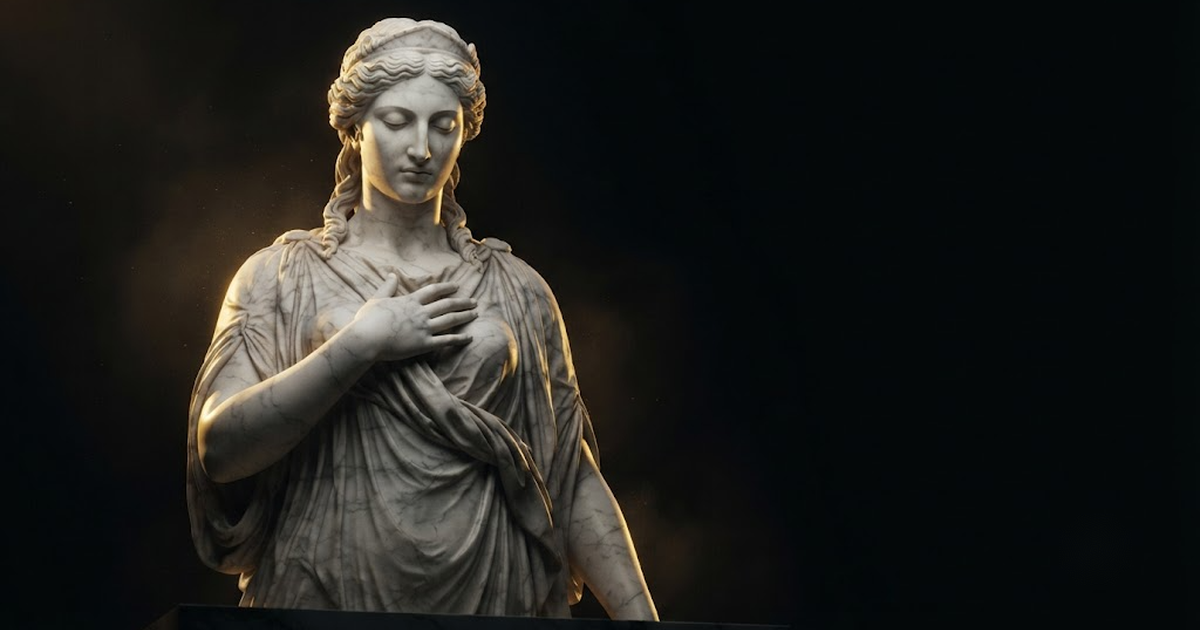 A colossal marble statue of Mnemosyne with eyes closed in deep recall, illuminated by a thin gold light.
