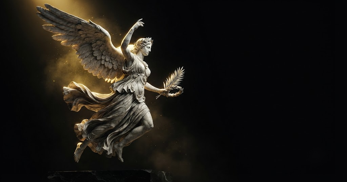 A colossal marble statue of Nike mid-stride with wings spread, surging forward through gold-lit darkness.