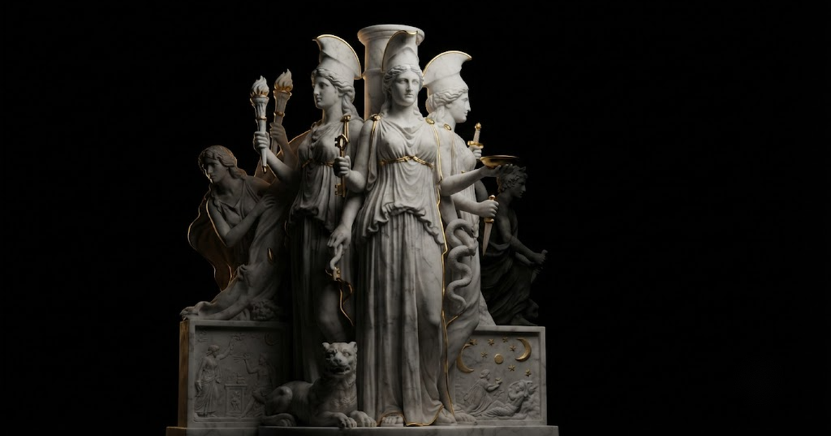 Classical marble scene, Hecate, gold rim light on void black