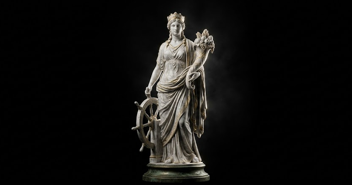 A single carved white marble statue of the Greek goddess Tyche holding a rudder and a cornucopia, satin gold #D4AF37 highlights along the drapery, pure void black #050505 background, aged bronze base,