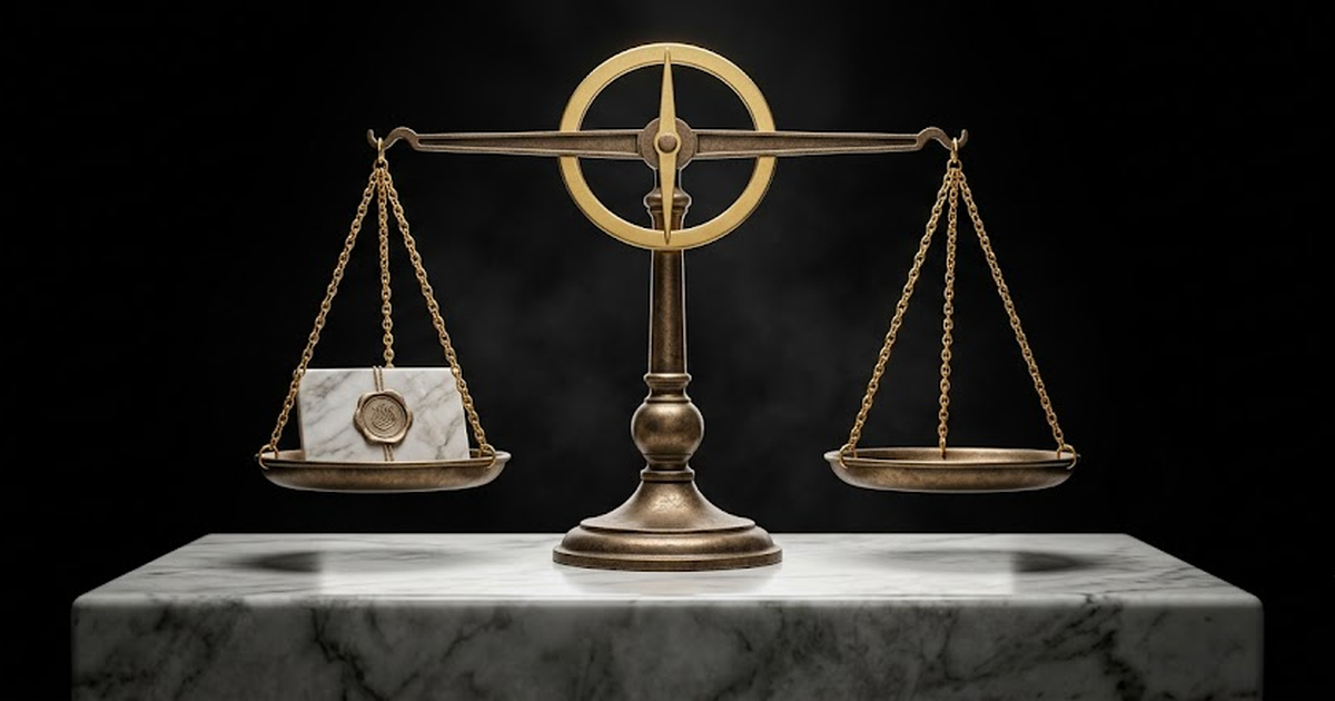 A set of perfectly balanced antique bronze scales resting on a marble plinth, one pan holding a small sealed marble tablet, satin gold #D4AF37 chains and beam, white-to-grey marble surface, pure void 