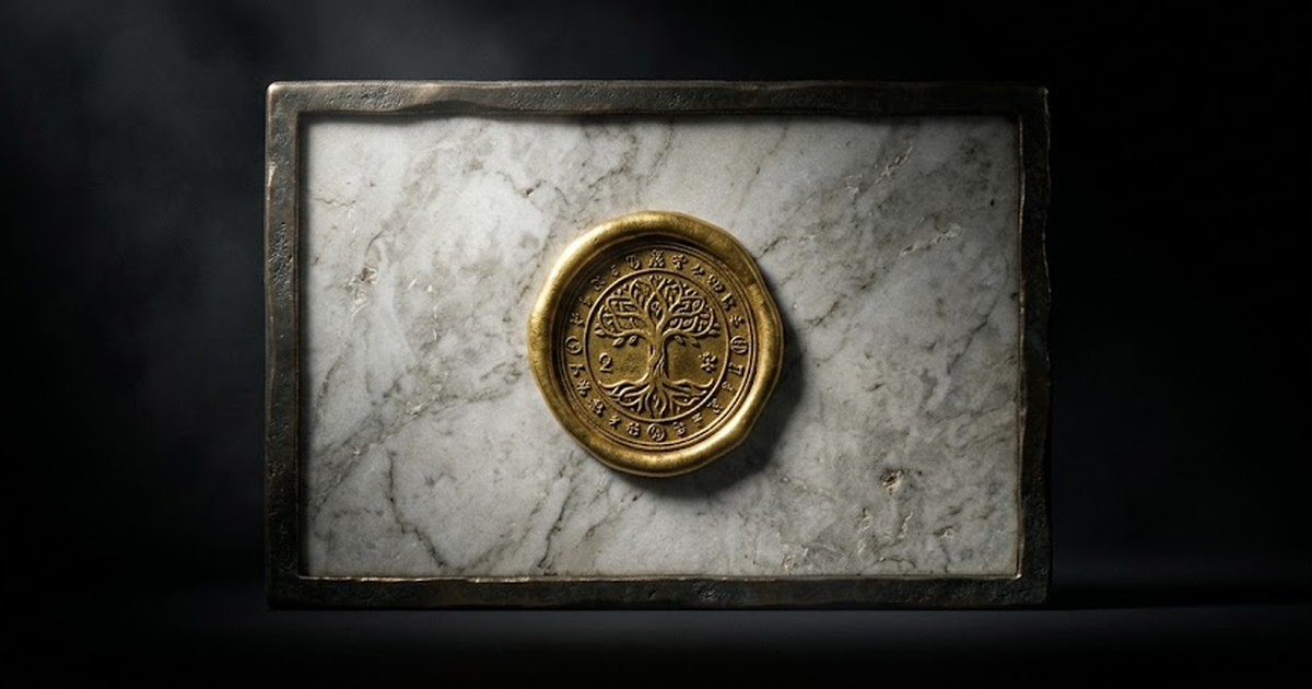 A heavy marble tablet sealed with a circular gold wax seal at its centre, fine aged-bronze edging, resting upright on a void black #050505 ground, satin gold #D4AF37 catching the rim of the seal, sing