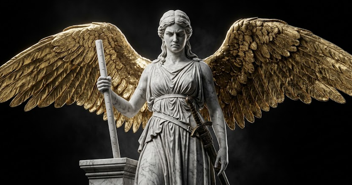 A gilded marble statue of Nemesis, winged and stern, holding a measuring rod, satin gold #D4AF37 leaf across the wings, white marble flesh, aged bronze sword at her side, pure void black #050505 backg