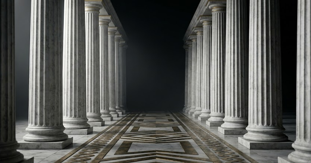 A long marble colonnade of fluted Doric columns receding into deep void black #050505, satin gold #D4AF37 light grazing the capitals, aged bronze floor inlay, atmospheric depth, no figures present. No