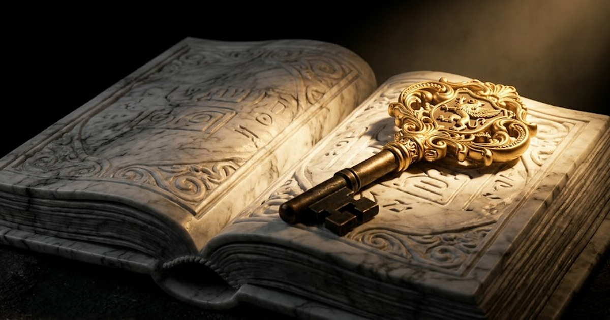 An ancient bronze key with an ornate satin gold #D4AF37 bow resting on an open marble book, the carved pages catching warm gilded light, pure void black #050505 background, single focused beam, deep s