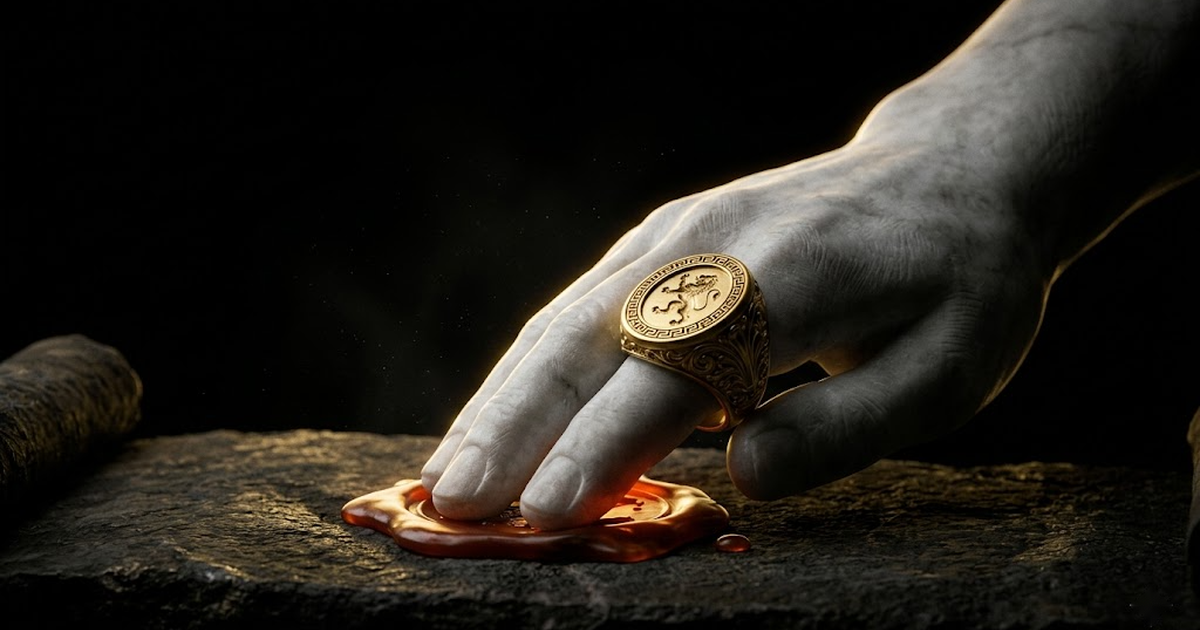 Close-up of a marble classical hand pressing a seal onto a stone tablet, gold rim light on void black.