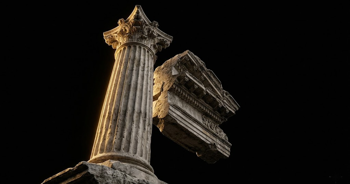 A single lit marble column against void black with gold rim light, suggesting a load-bearing institutional pillar.