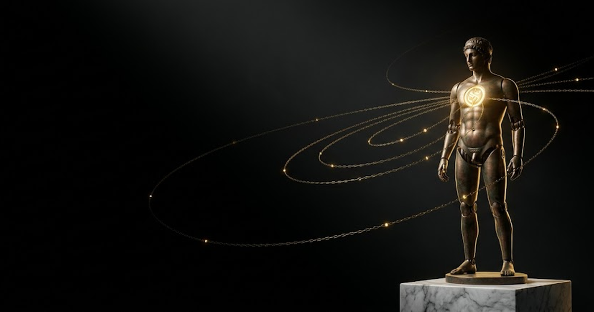 A bronze Greek automaton on a marble plinth against a black ground, a glowing gold seal on its chest, with fine gold chain links spiralling outward into darkness.