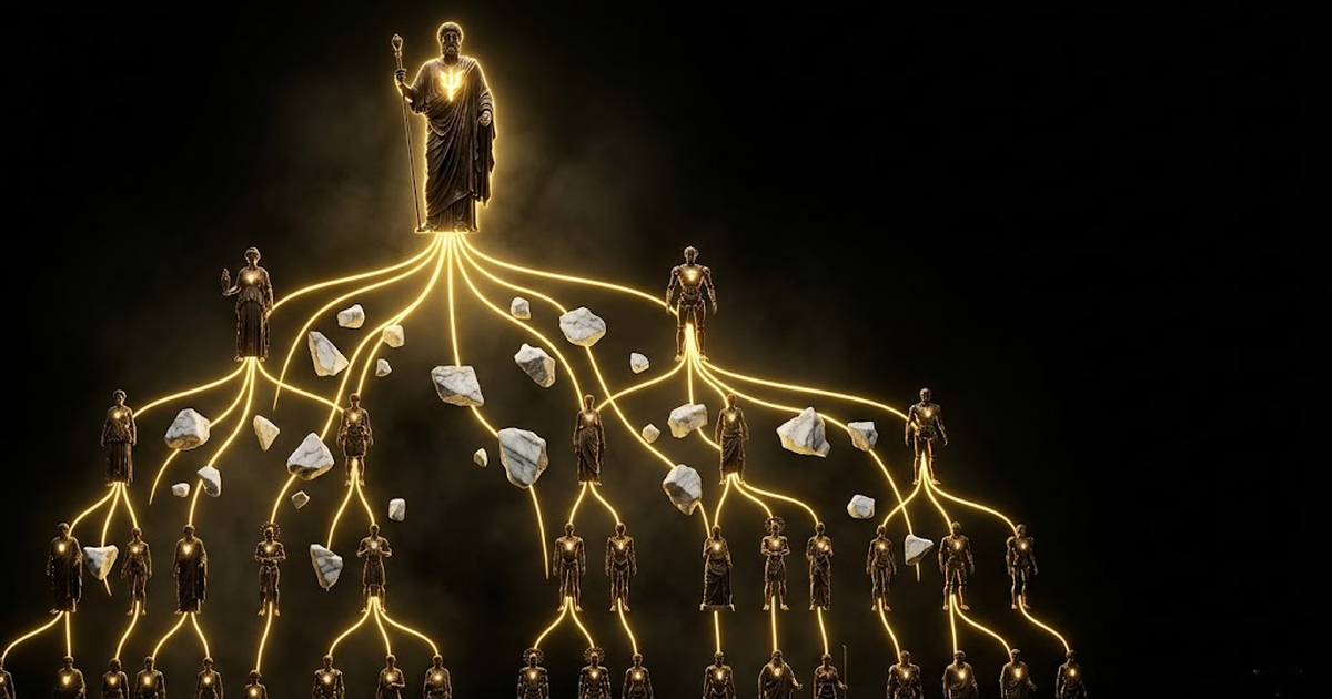 A gold branching tree on a black ground, a single robed figure at the root and rows of smaller bronze automata as descending branches, each inheriting a fainter gold mark.