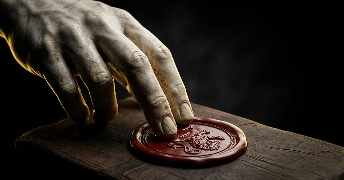 A classical marble hand pressing a seal onto a tablet, lit by a single gold rim light against black, evoking signing an action before it executes.