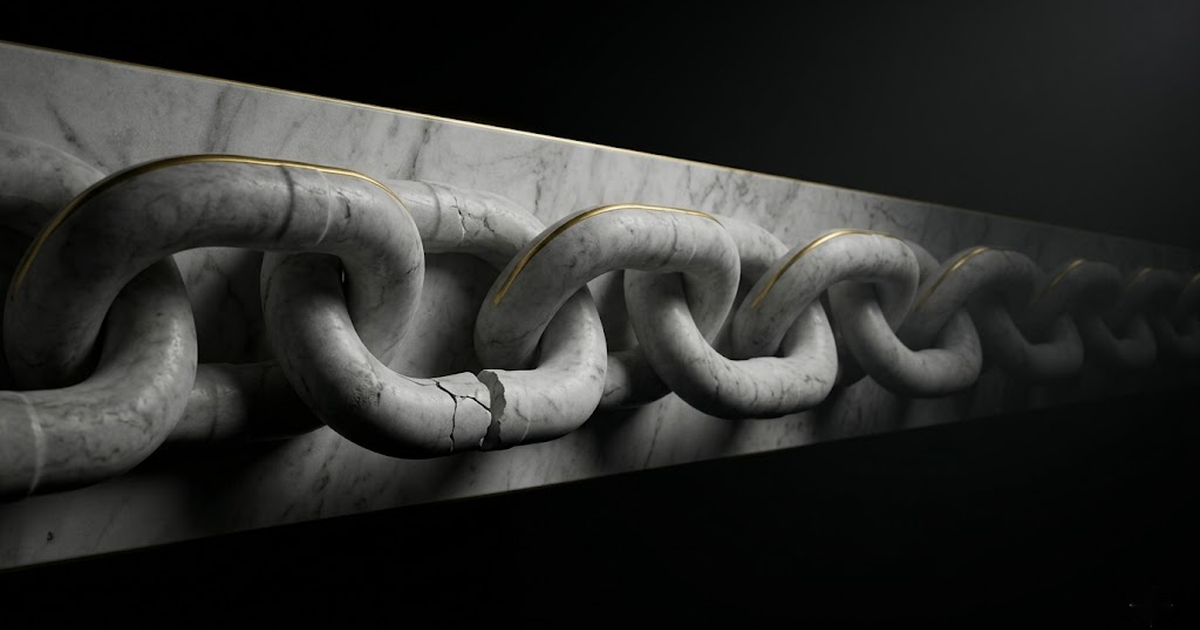 A marble chain of interlocking links with one link visibly cracked apart, gold-rimmed against black, illustrating how tampering snaps a hash chain.