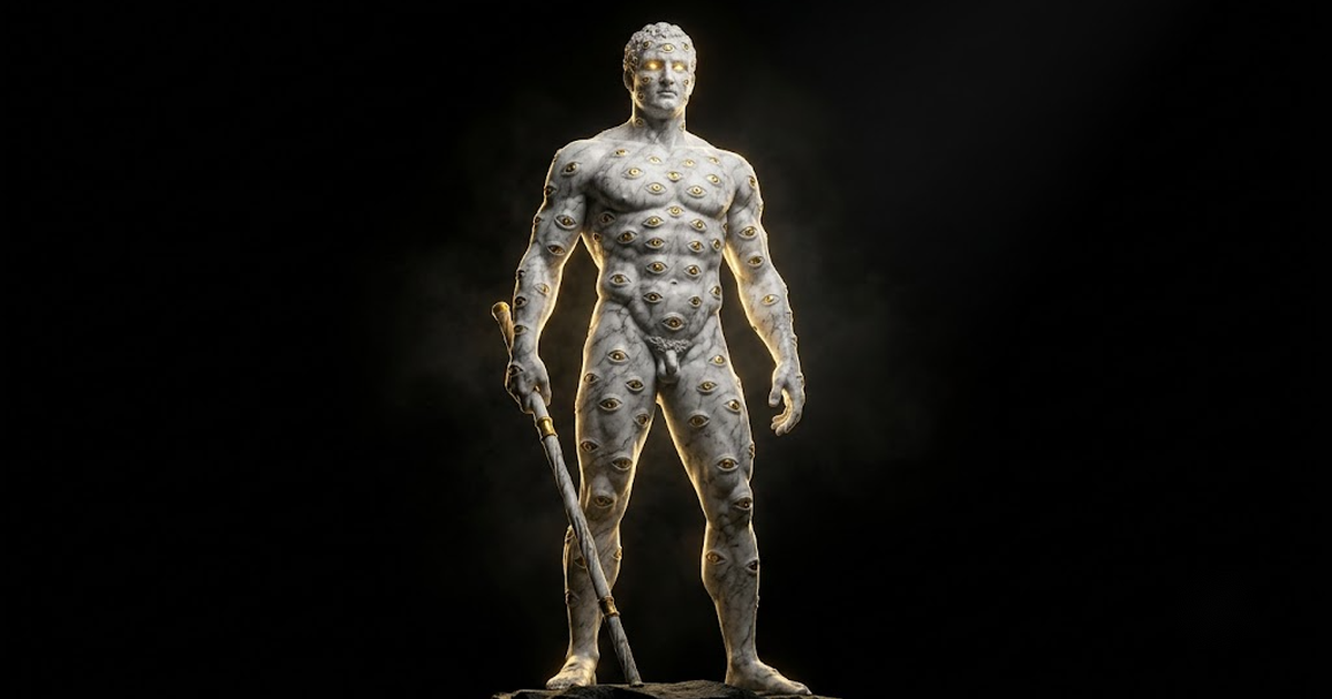 A colossal marble Argus figure covered in many carved eyes standing in near darkness lit by gold light
