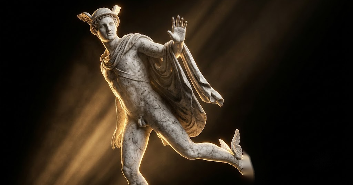 A colossal marble Hermes figure mid stride with a raised hand as if halting a messenger, lit by gold storm light