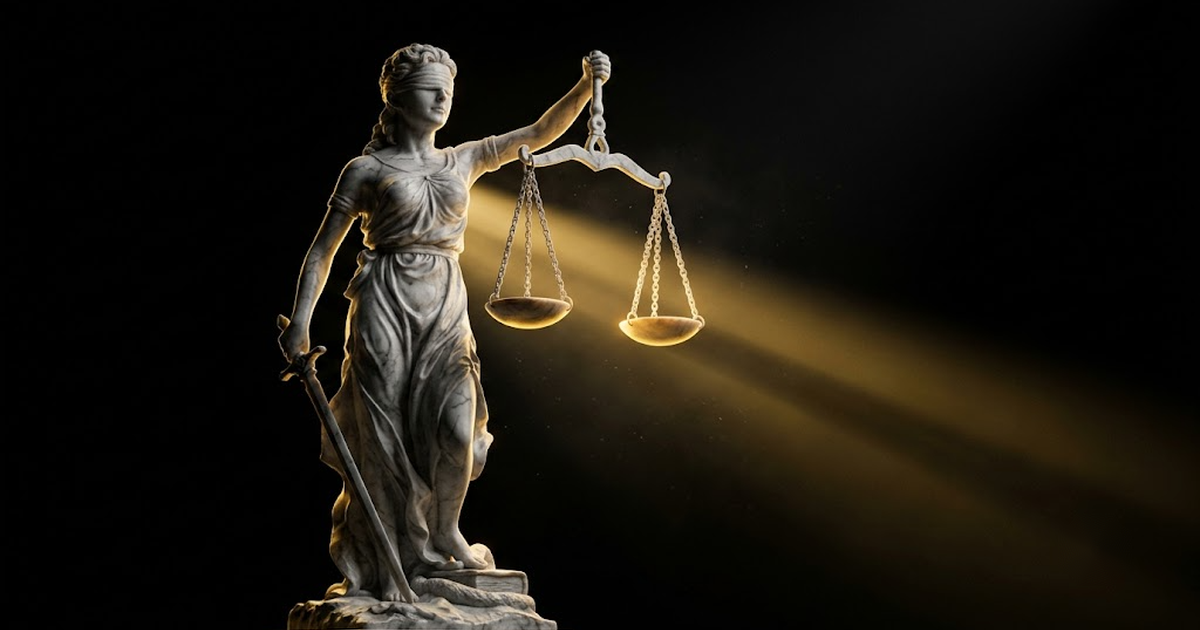 A colossal marble Themis figure holding level scales in the dark, lit by a single gold shaft of light