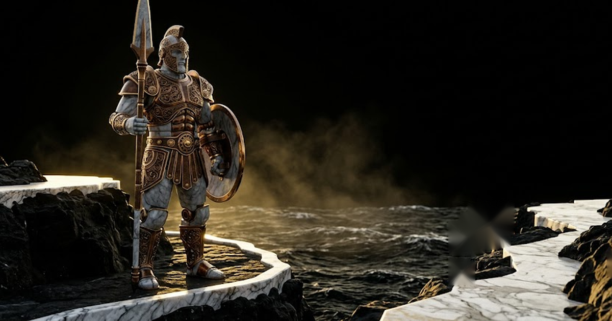 A colossal marble and bronze Talos figure standing as a cast guardian sentinel, edges catching gold light in darkness