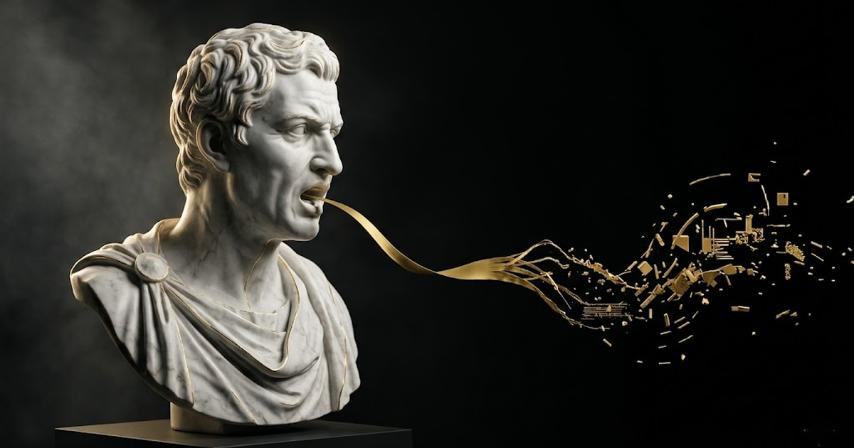 Marble bust of an orator whose voice dissolves into gold particles, symbolising the cloned voice
