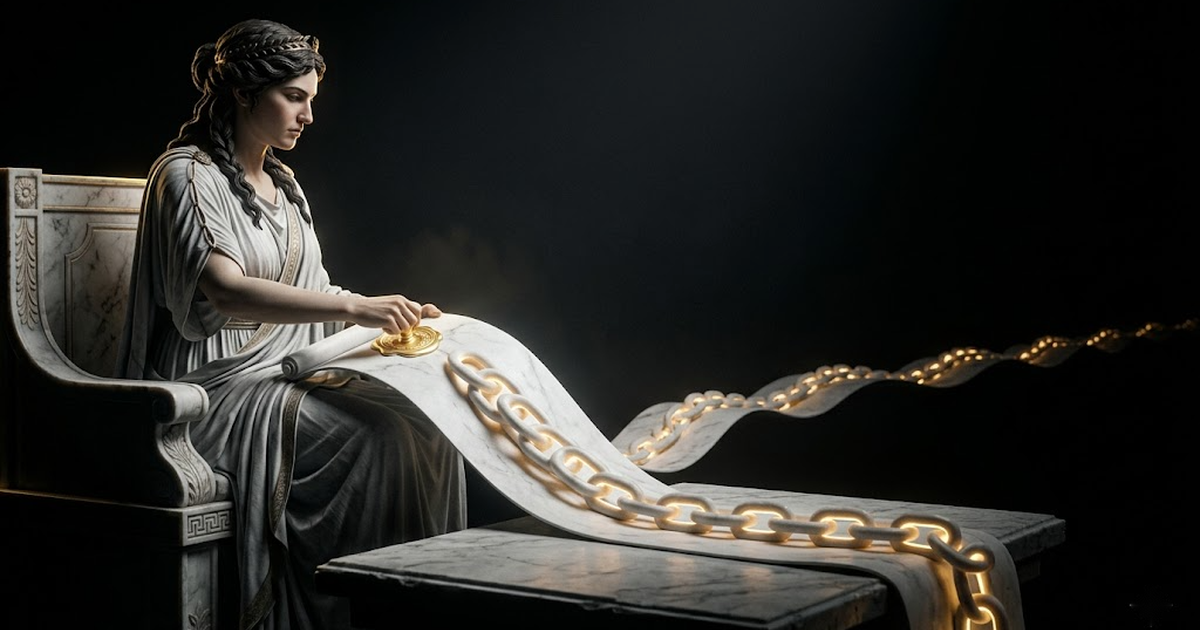 A marble figure sealing a long scroll carved as a chain of gold-lit links, symbolising a signed append-only record