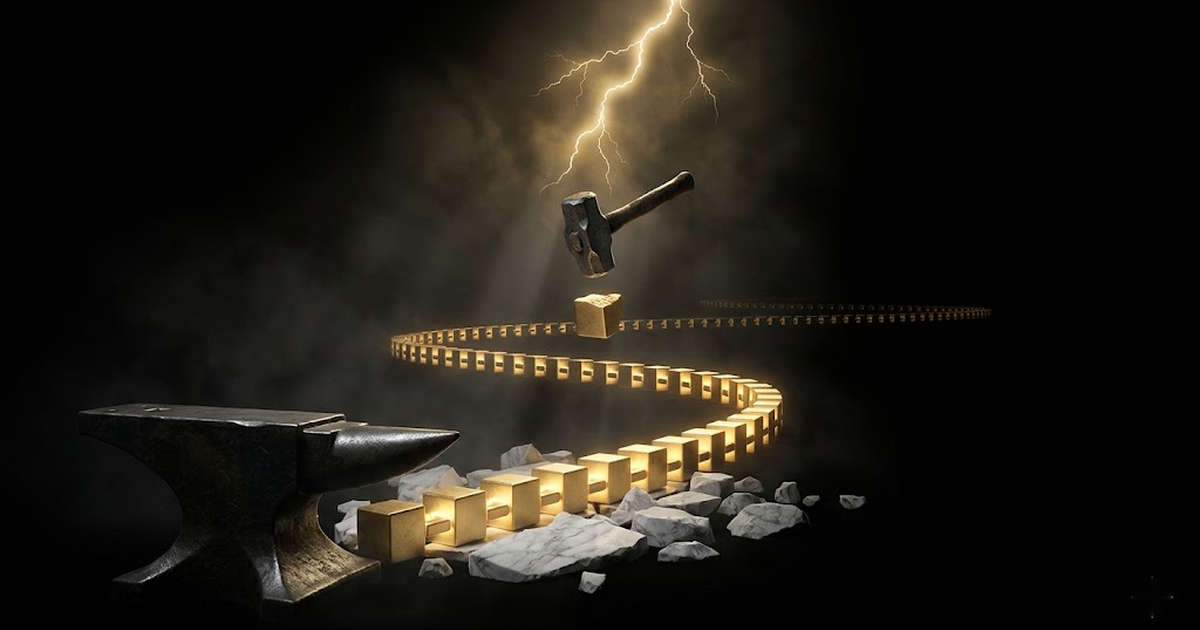 A faceless hooded figure at a dark forge, half Hephaestus and half ghost, hammering a single genesis block of pure gold light into being while lightning forks across a void black sky