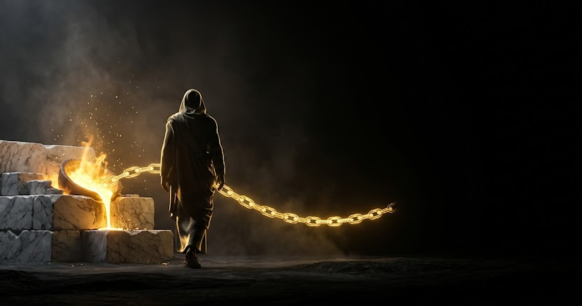 Two forges burning across a void black sky, one casting gold coins of light and one casting glowing brains of light, a single bridge of lightning arcing between them, the hooded figure never shown