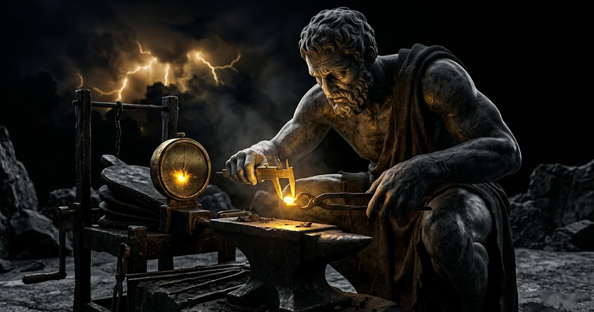 Prometheus crouched at a banked forge in void black, cupping a single measured ember in his palm rather than carrying the whole roaring fire.