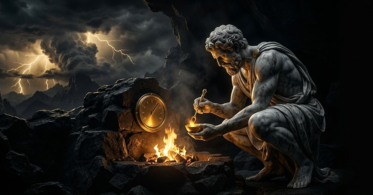 Prometheus descending from the forge in void black and satin gold, a single measured ember cupped in his hands, its glow caught in one calibrated gauge at his side.