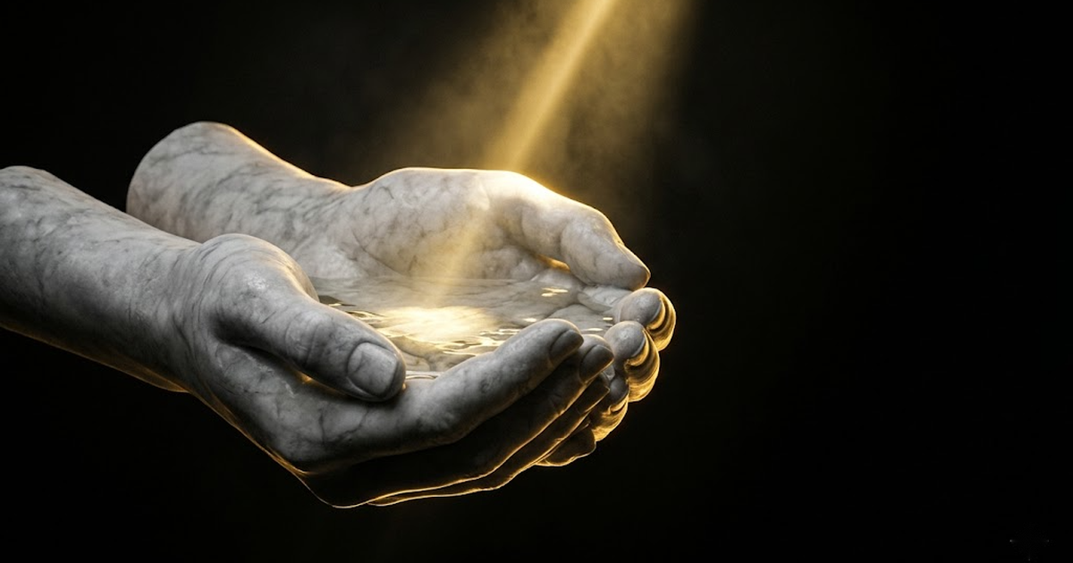 Cupped marble hands holding water in a single beam of light