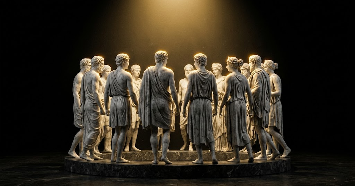 A ring of marble figures standing together under one light, symbolising coordination