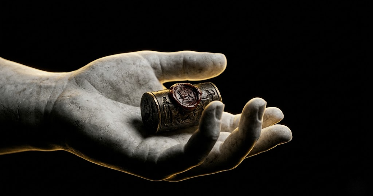 A classical marble hand cradling a single intact sealed cylinder, gold rim light against pure black, symbolising a model identity sealed before it serves.