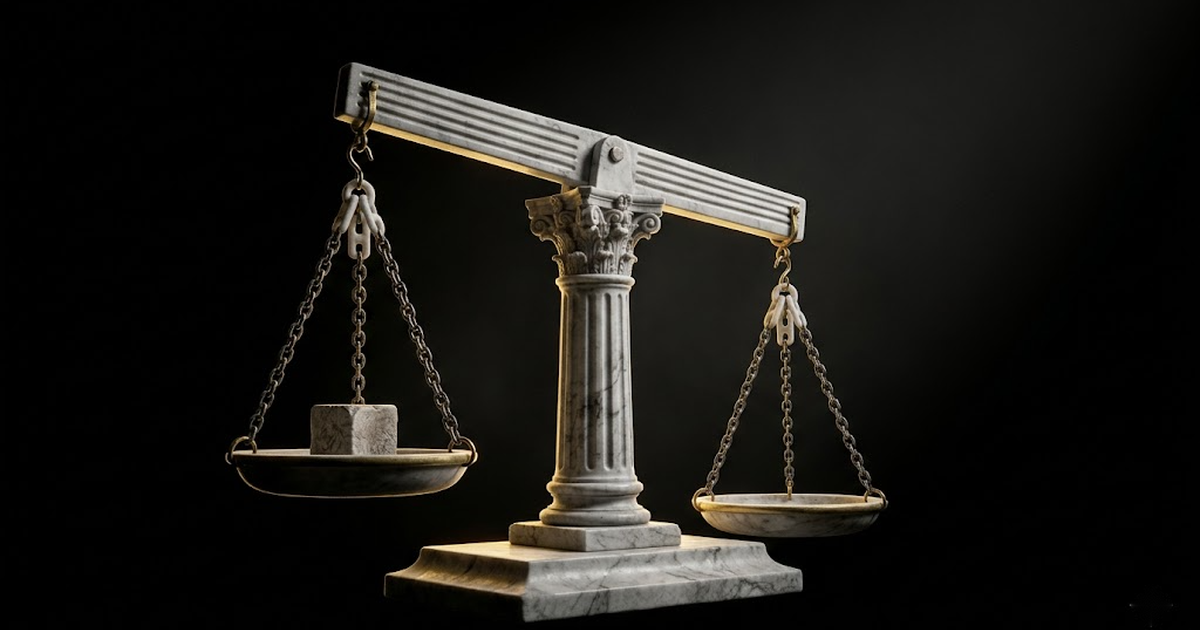Classical marble balance scales tilted faintly off level, gold-rimmed against pure black, evoking the asymmetry between an enormous attack surface and a faint detection signal.