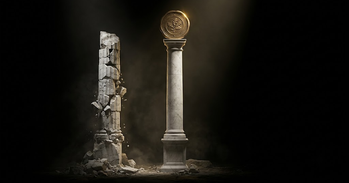Two columns of light side by side, one labelled story and one labelled proof, the proof column sealed