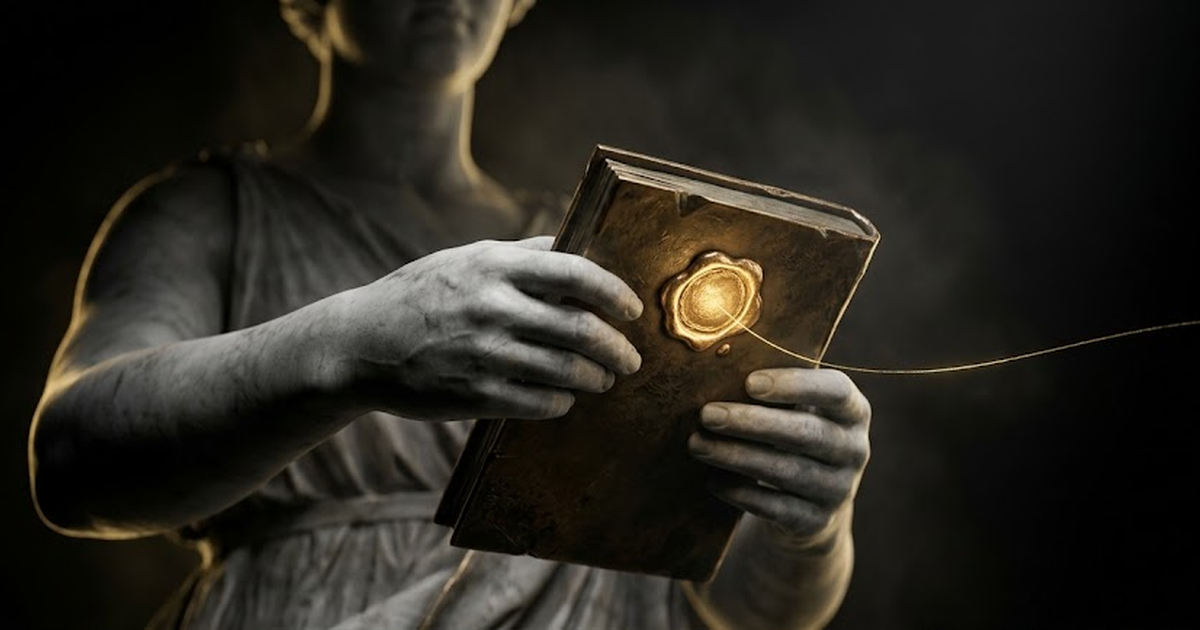 An auditor's hands holding a single sealed page beside a verification tick, with a chain of light running off to the horizon