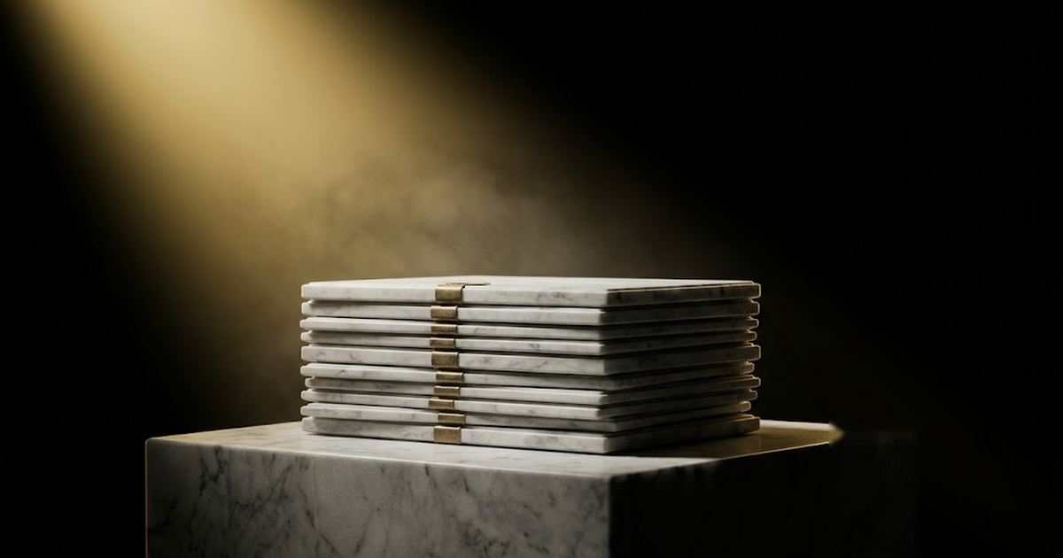 A stack of sealed filing folders under a single steady spotlight, deliberately understated