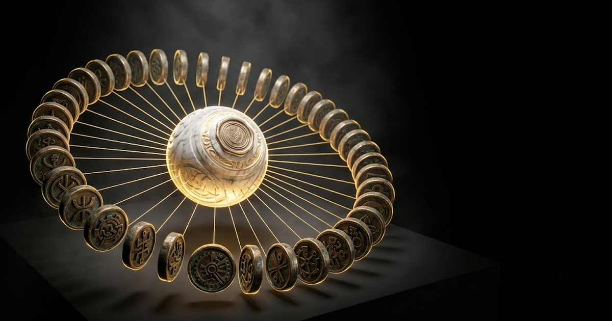 Fifty points of light arranged around a single sealed core, each connected to the centre by a fine line