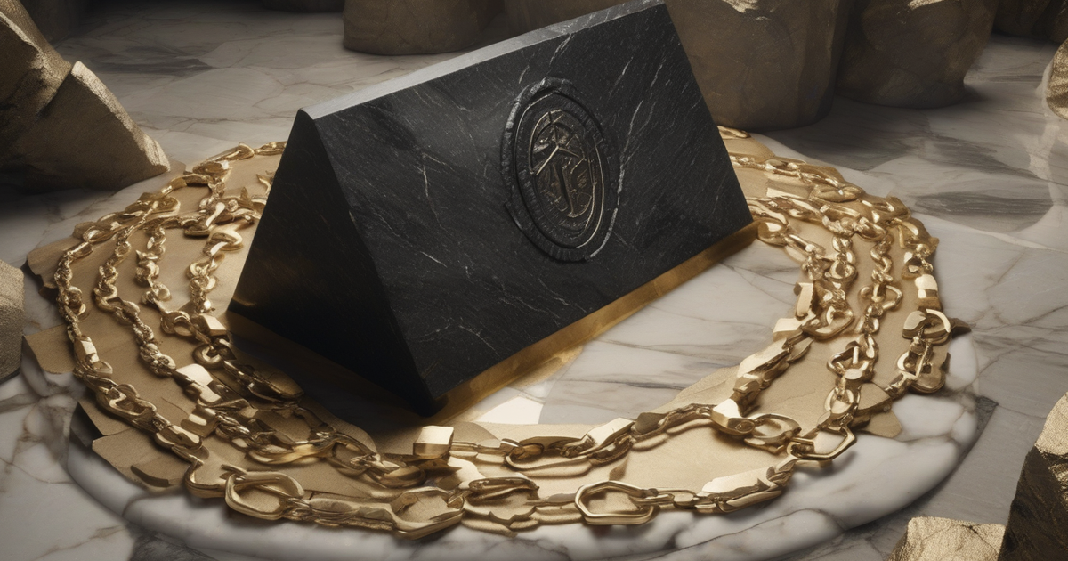 A gold cryptographic seal pressed into a chain of marble tablets fused into black bedrock, anchored and immovable