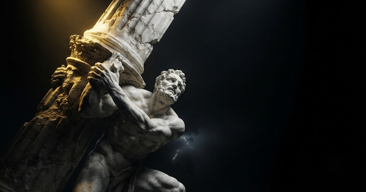 Titan Crius braced beneath the southern pillar of heaven, hands clamped where one dominion ends and another begins, in a void of pure black, satin gold light sliding down his strained shoulders and the column,...