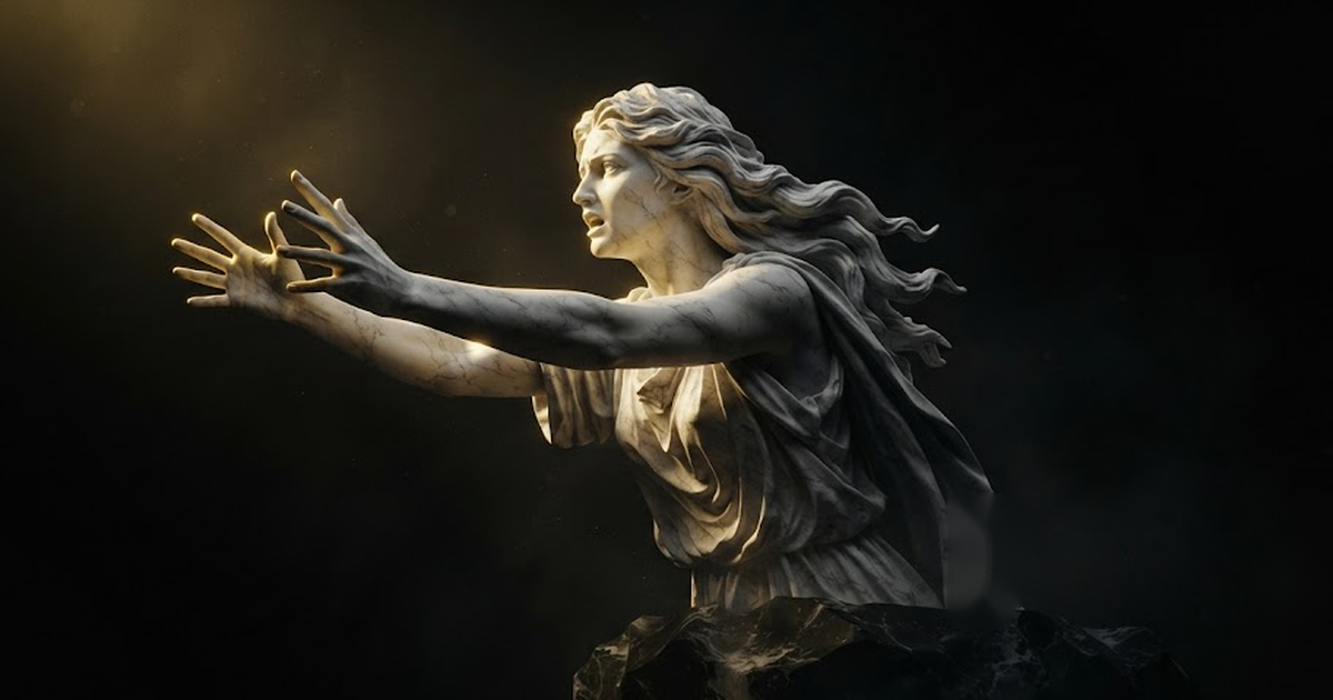 Cassandra, arms thrust forward, palms open in testimony, mouth parted mid speech, head turned toward a darkness that answers nothing, in a void of pure black, satin gold light catching her outstretched hands and...
